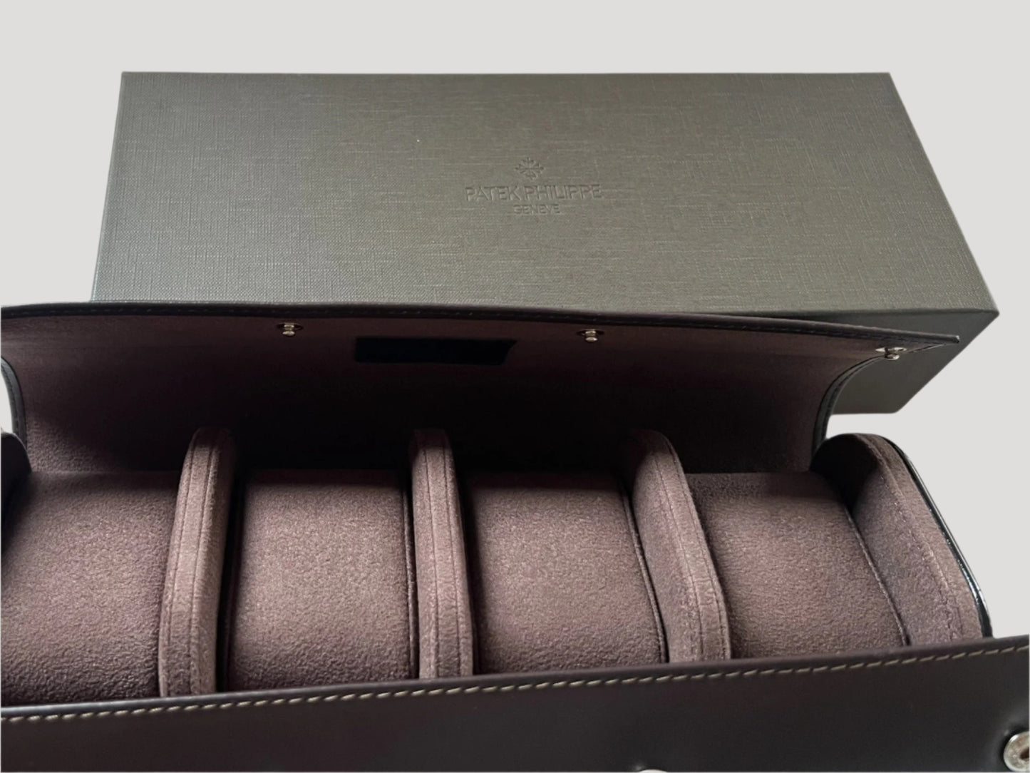 Patek Philippe Rare’ New Travel Pouch in brown leather & wood for 4 watches 