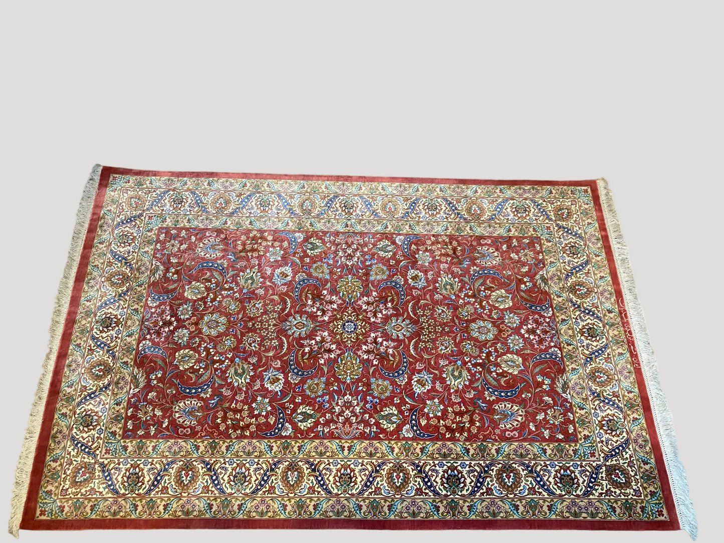 Magnificent signed silk Ghom rug, Iran, second half of the 20th century