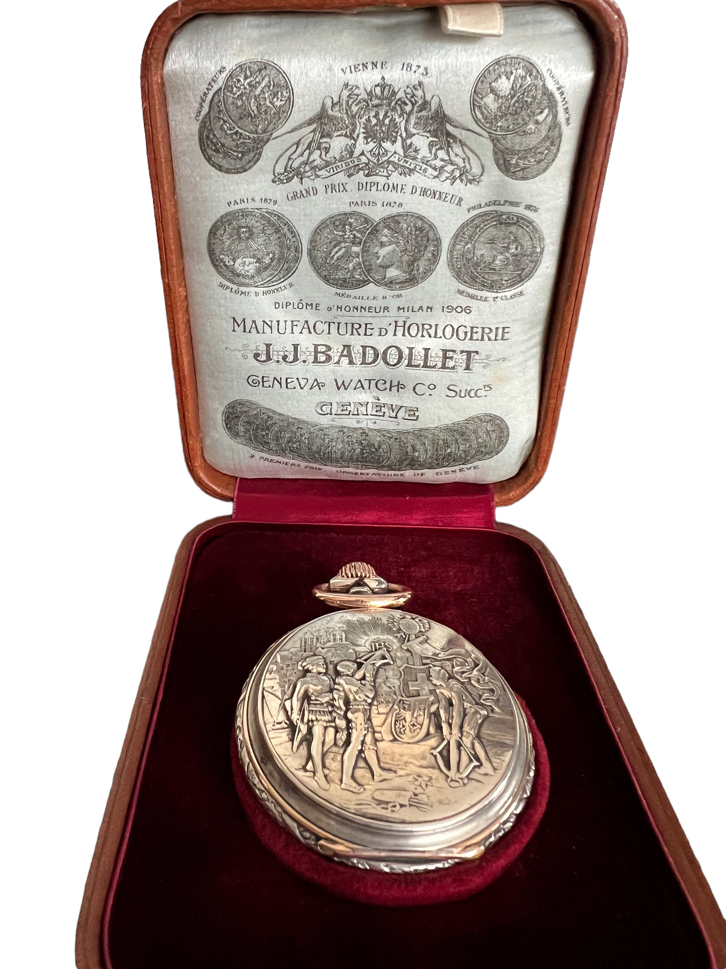 JJ Badollet & Co Genève 1887 Handcrafted Historical Vintage Rose Gold & Silver Pocket Watch /Taschenuhr Rare