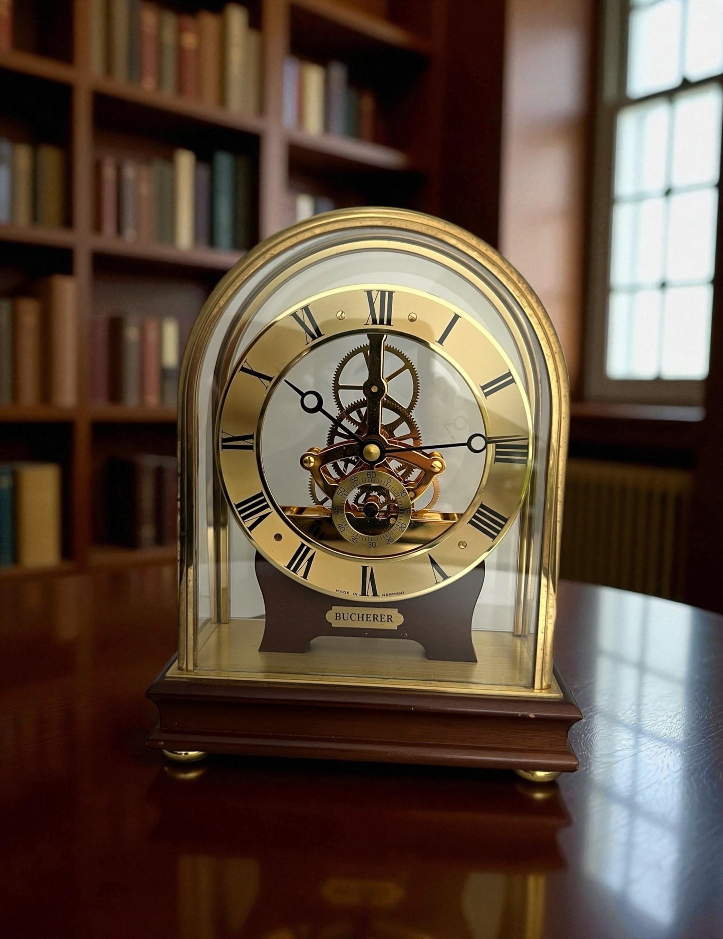 Bucherer Skeleton Brass & Wood Table Clock /Horloge de table/Tischuhr Rare ca 1980