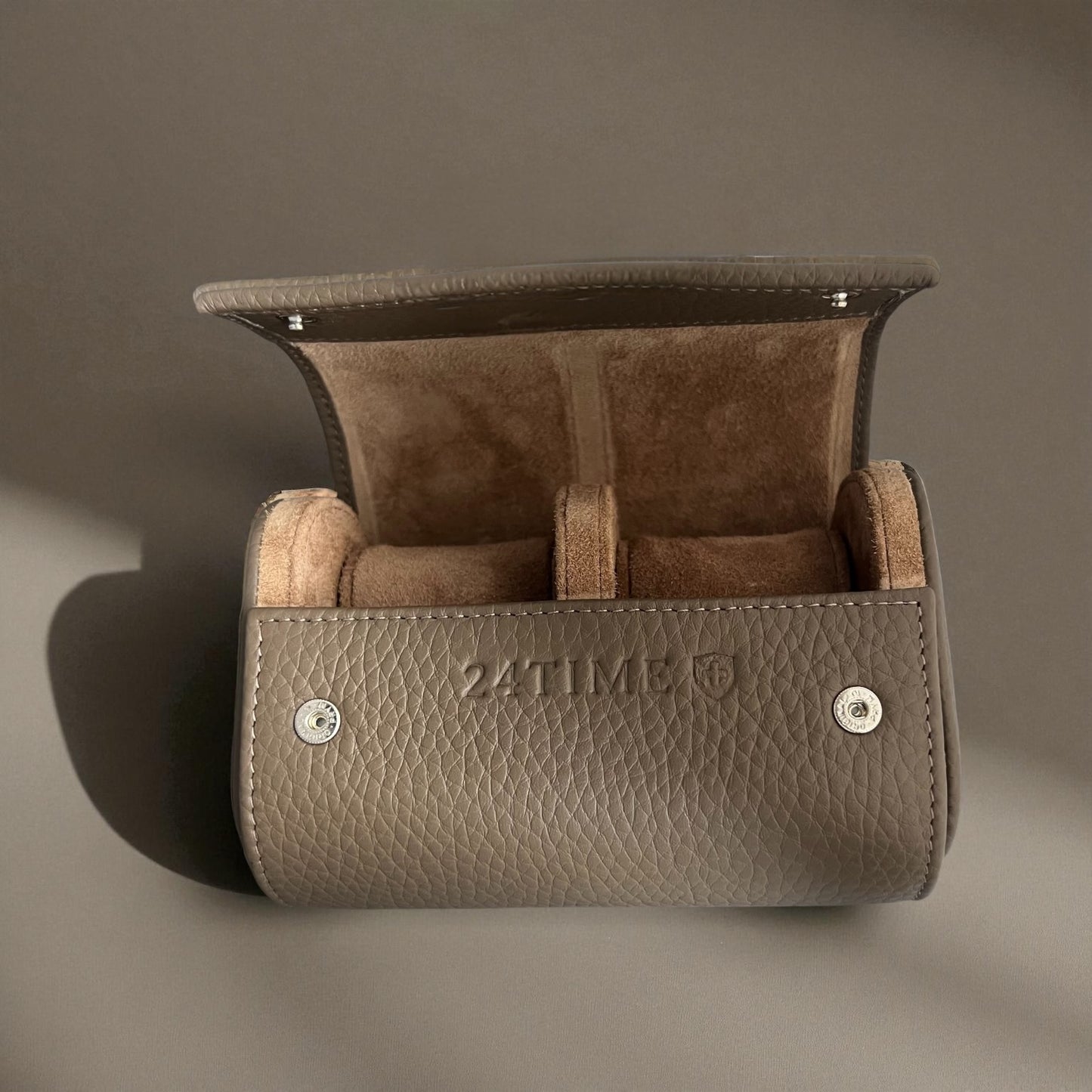 24Time Genève Finest Handmade New Travel Pouch / case / etui/ box in taupe leather for 2 watches