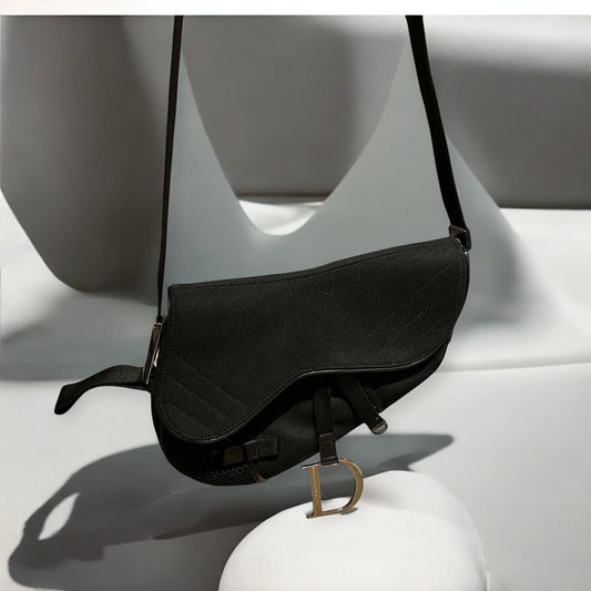 Dior by John Galliano black saddle collector cotton &amp; leather bag, Dior, Galliano, 24time, 24Time, 24 time, luxury accessories, luxury bags