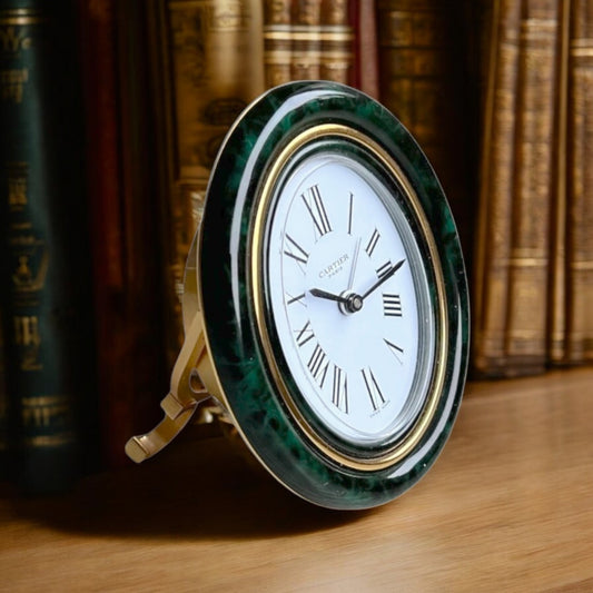 Cartier Alarm Table Clock/ Pendulette green marbled enamel 1980s