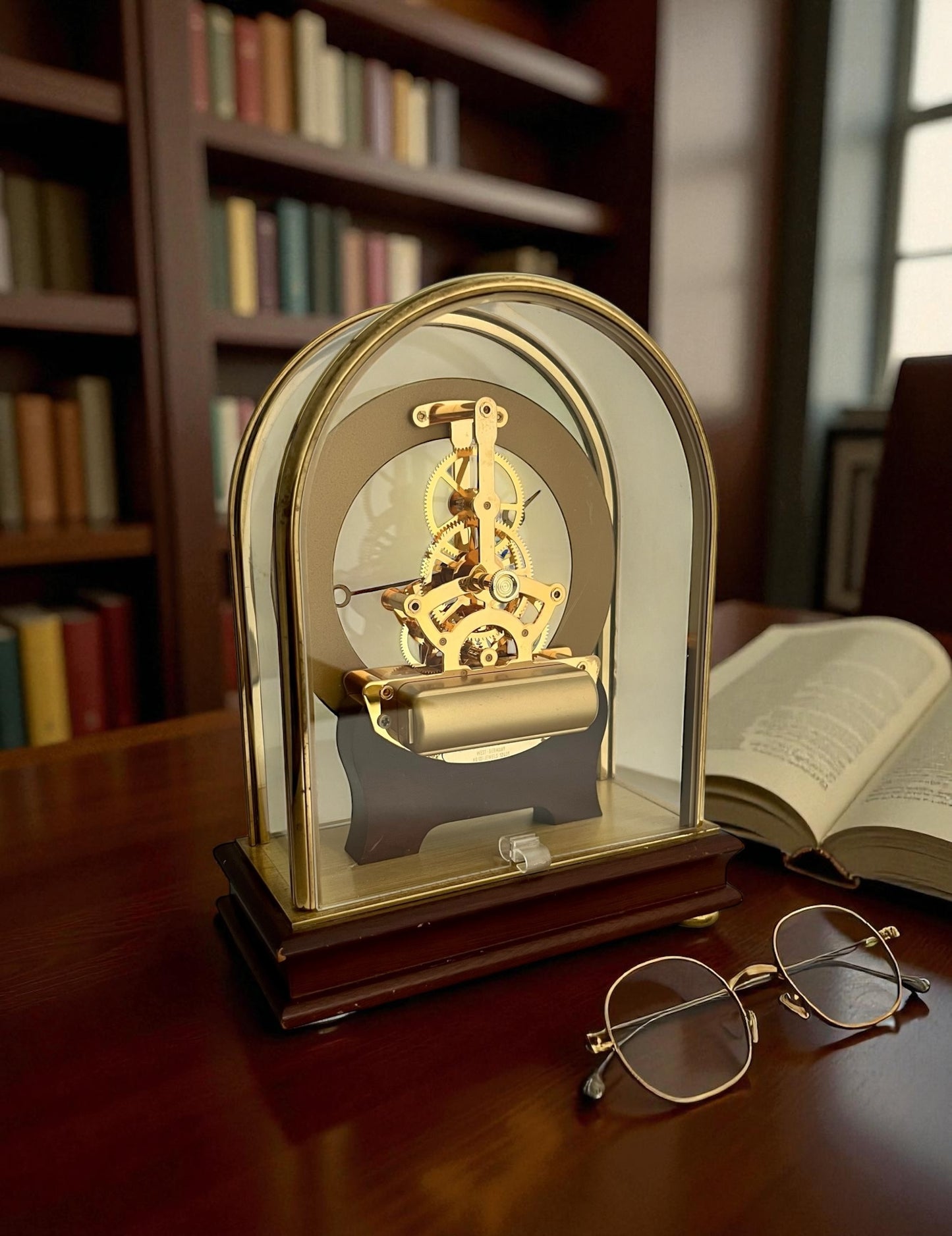 Bucherer Skeleton Brass & Wood Table Clock /Horloge de table/Tischuhr Rare ca 1980