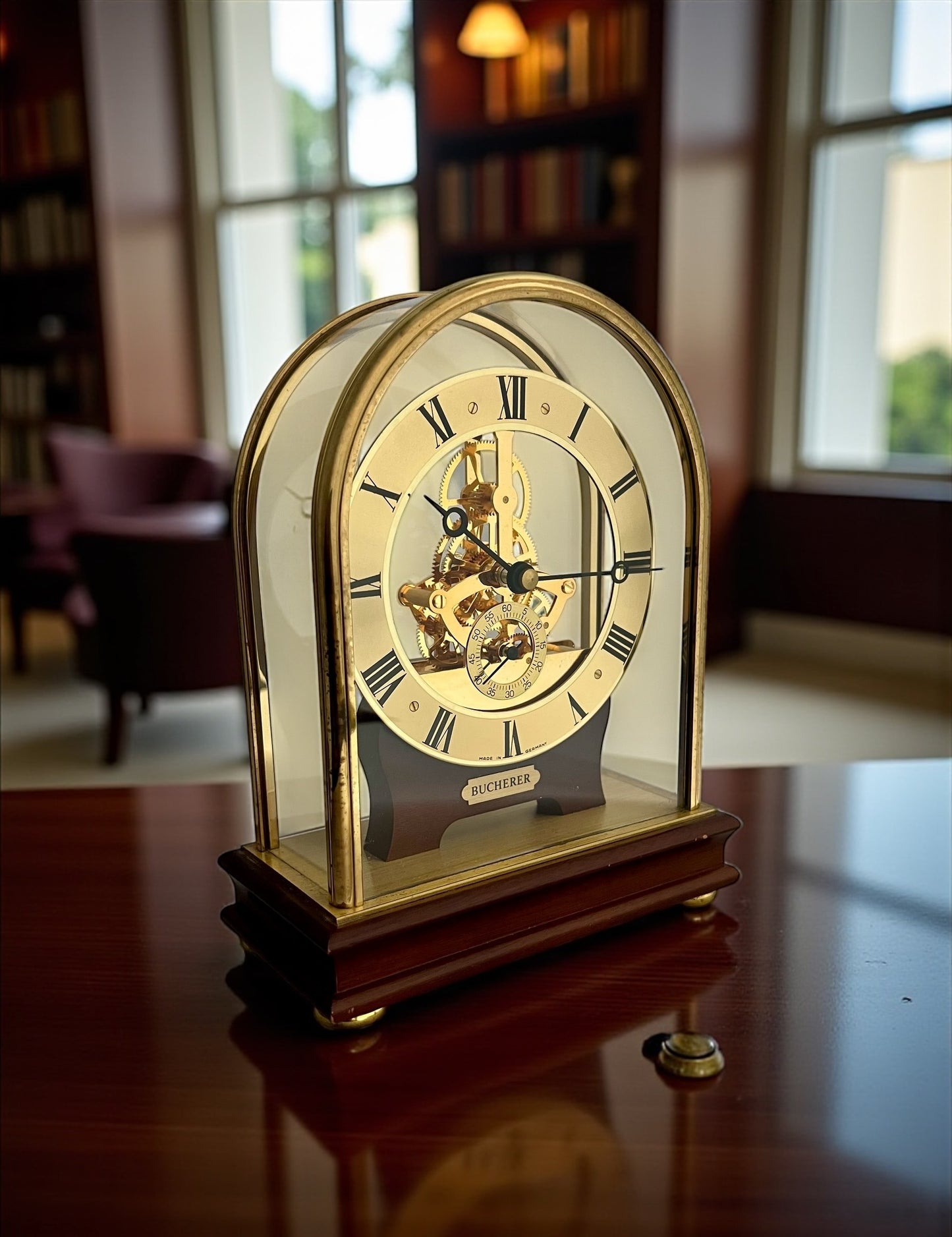 Bucherer Skeleton Brass & Wood Table Clock /Horloge de table/Tischuhr Rare ca 1980
