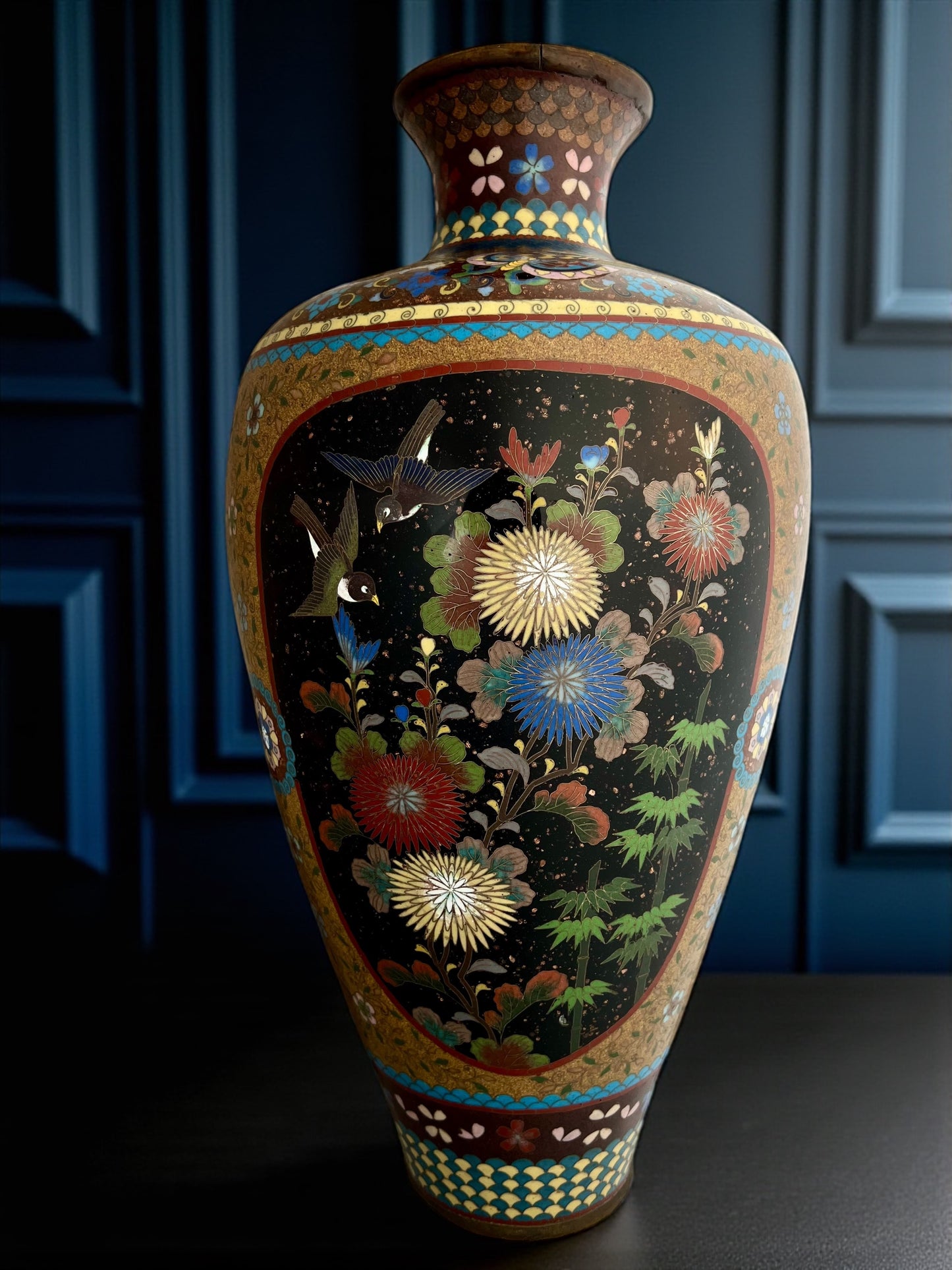 Important Pair of 2 Antique Cloisonné Vases, 50 cm