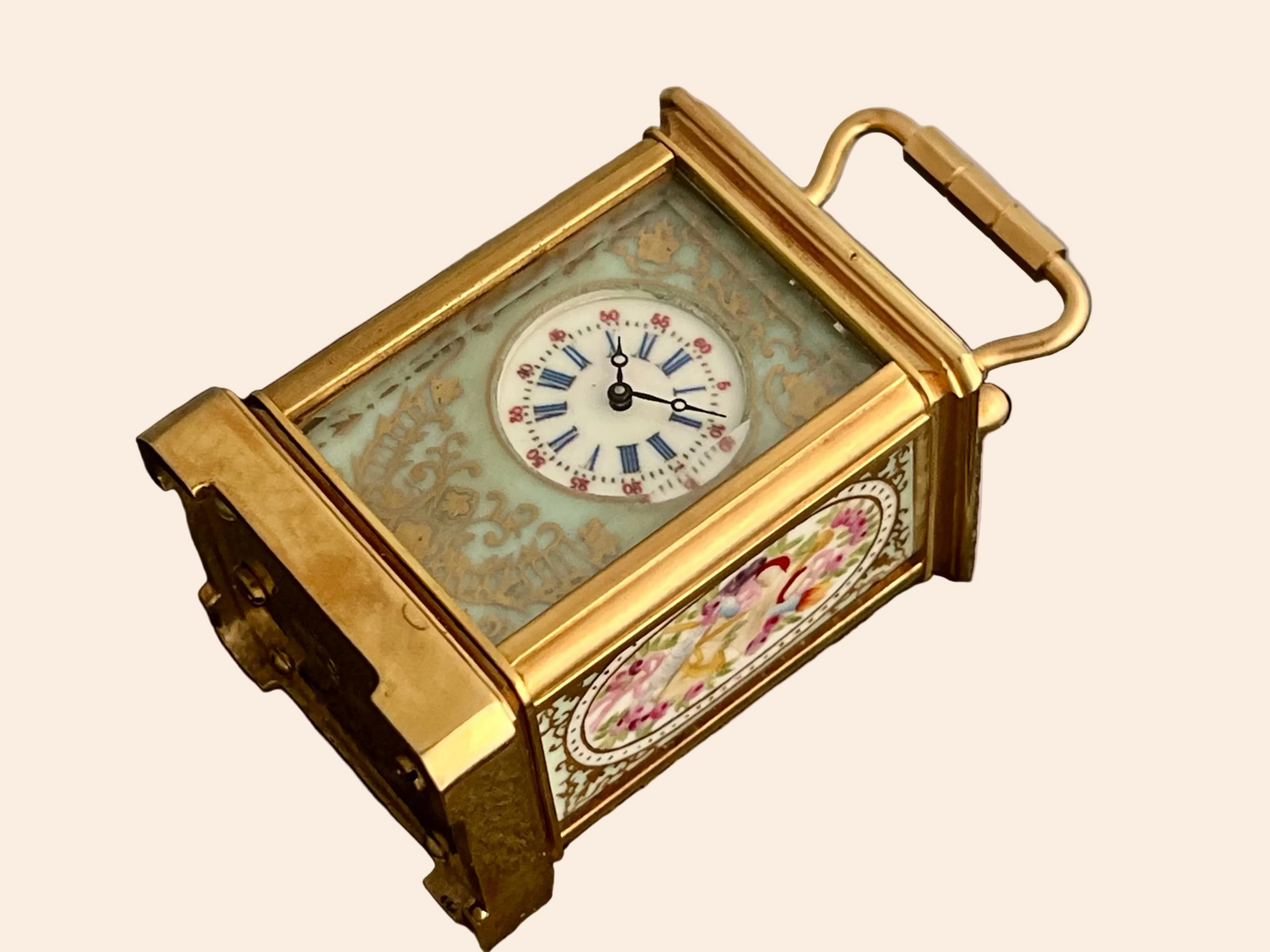 Beautiful Rare Porcelain Inset Travel clock, 1950'