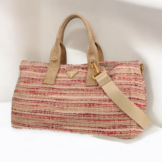 Prada Large pink & beige canvas and beige nubuck Bag / Sac / Tasche