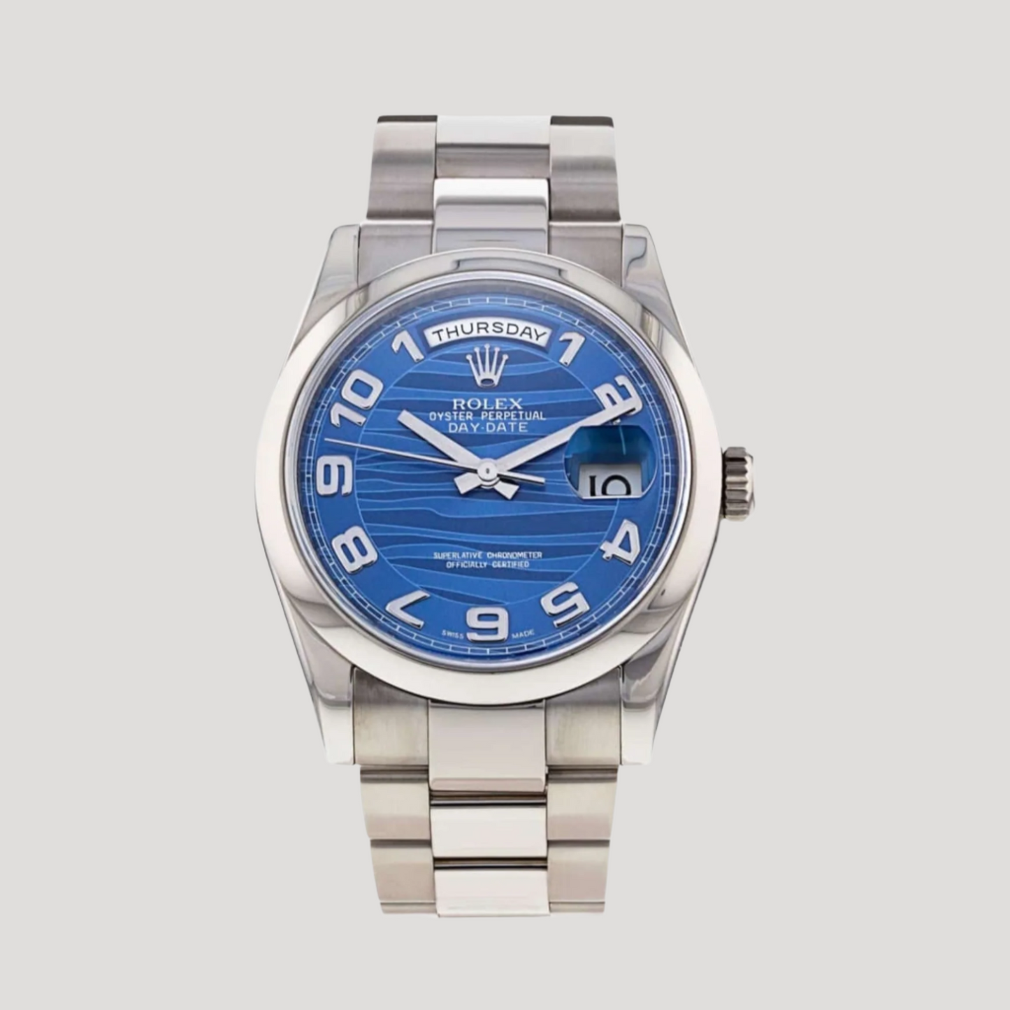 ROLEX Day-Date 18K White Gold Blue Wave Dial Rare Ref. 118239, 24time