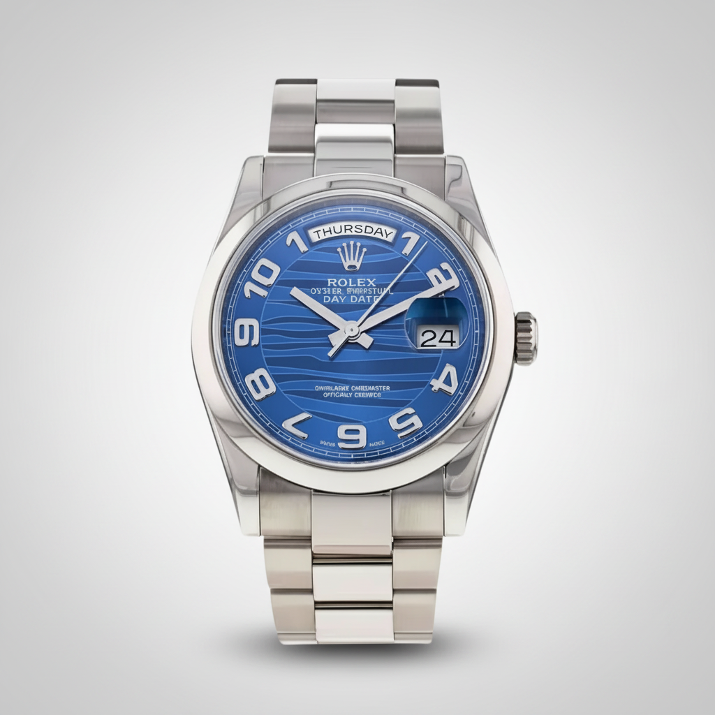 Rolex Day-Date 18K White Gold Blue Wave Dial Rare Ref. 118239, Full Set