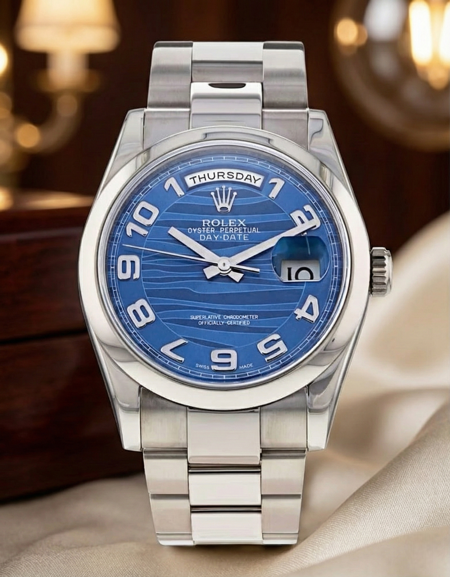 Rolex Day-Date 18K White Gold Blue Wave Dial Rare Ref. 118239, Full Set