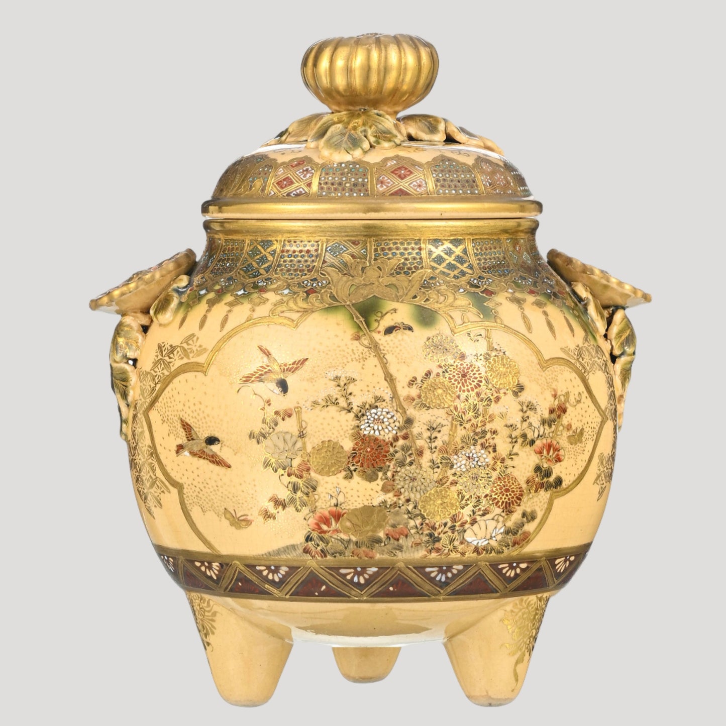 Satsuma stoneware tripod candy dish, Japan, 20th century