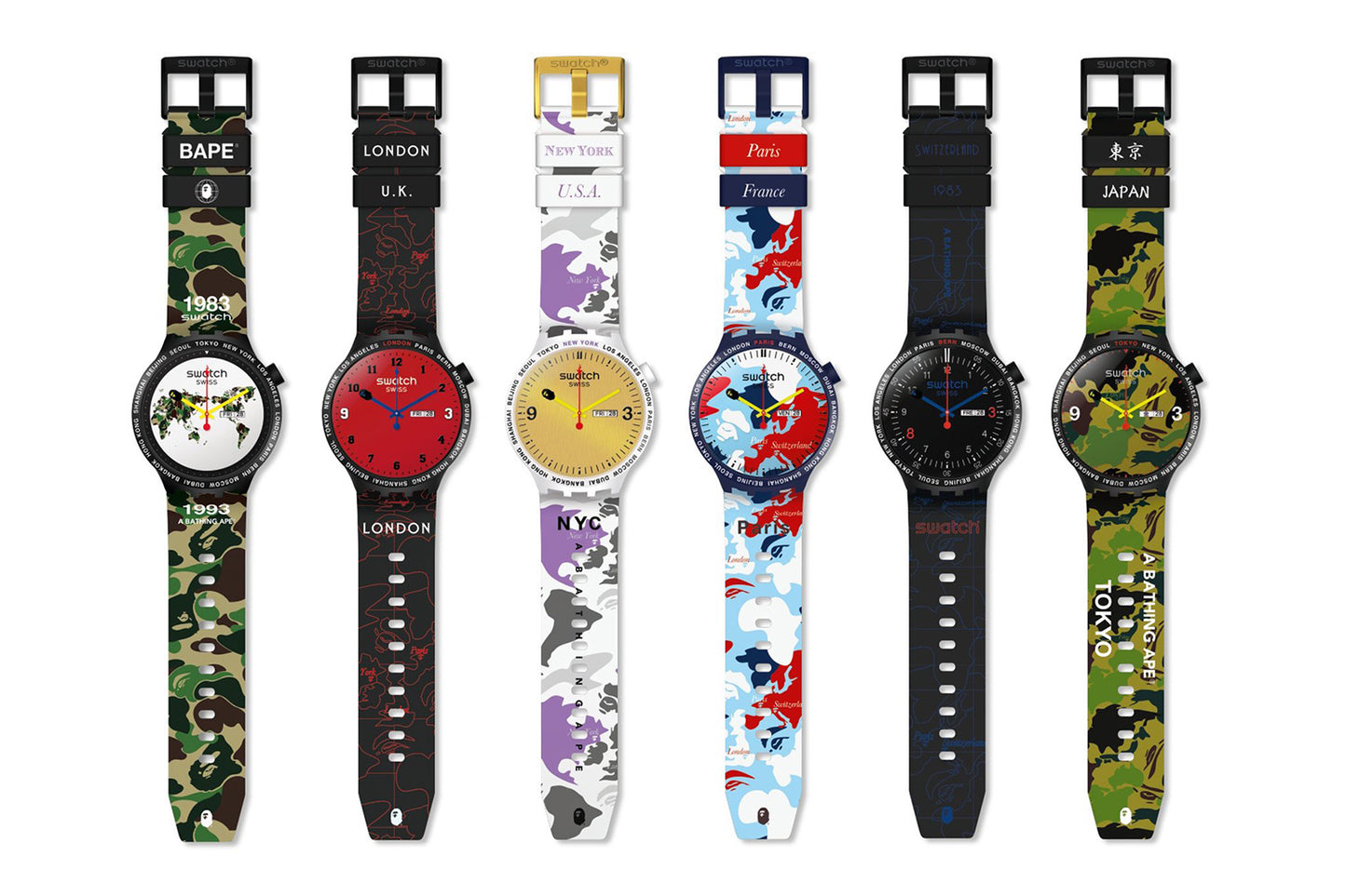 Swatch & A Bathing Ape (Bape) Tokio Collection of 6 watches New Full Set Rare Limited Edition