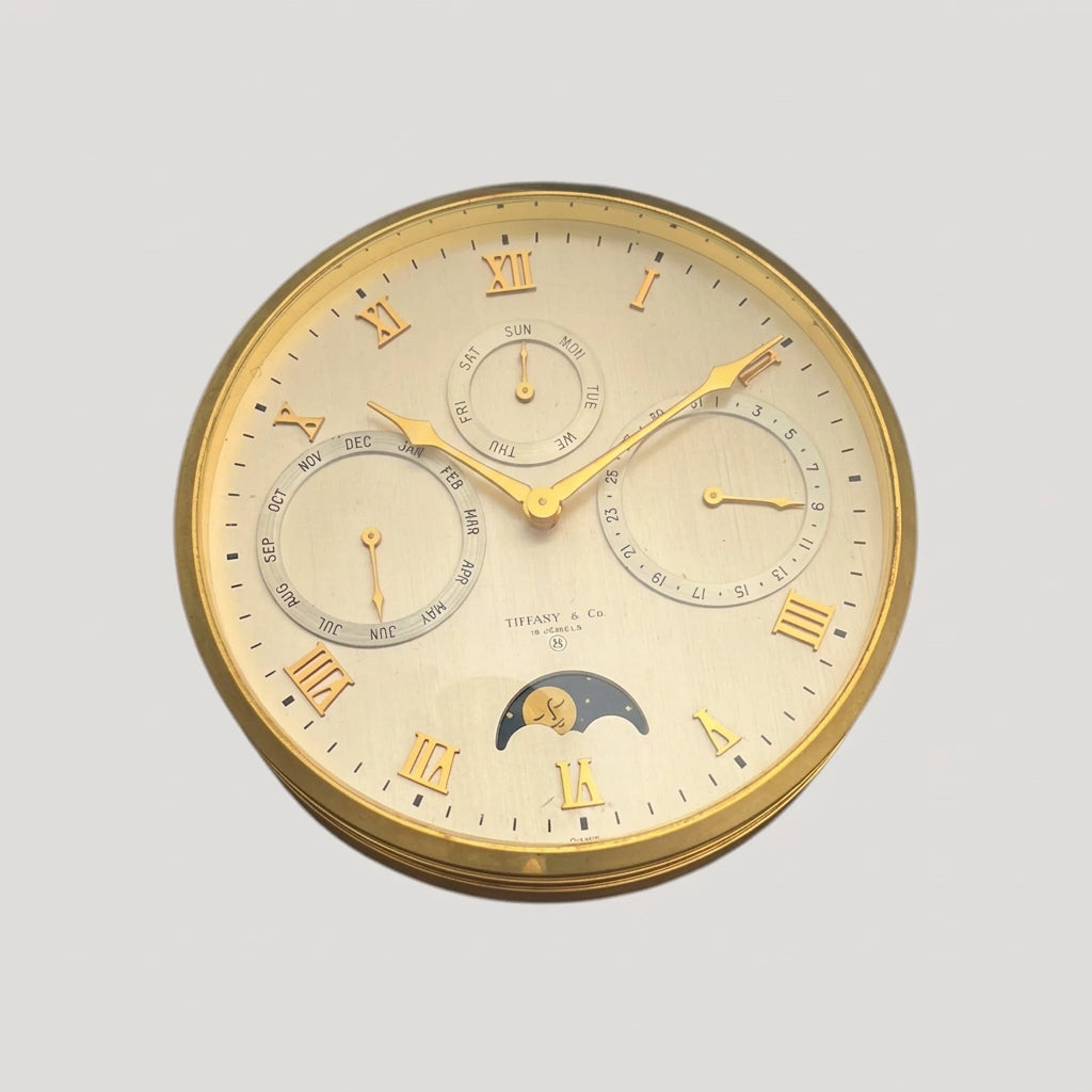 Tiffany & Co Rare Mechanical Calendar Moon Phase Gilt Brass Desk / Table Clock/ Horloge