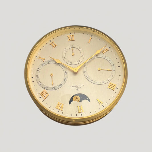 Tiffany & Co Rare Mechanical Calendar Moon Phase Gilt Brass Desk / Table Clock/ Horloge