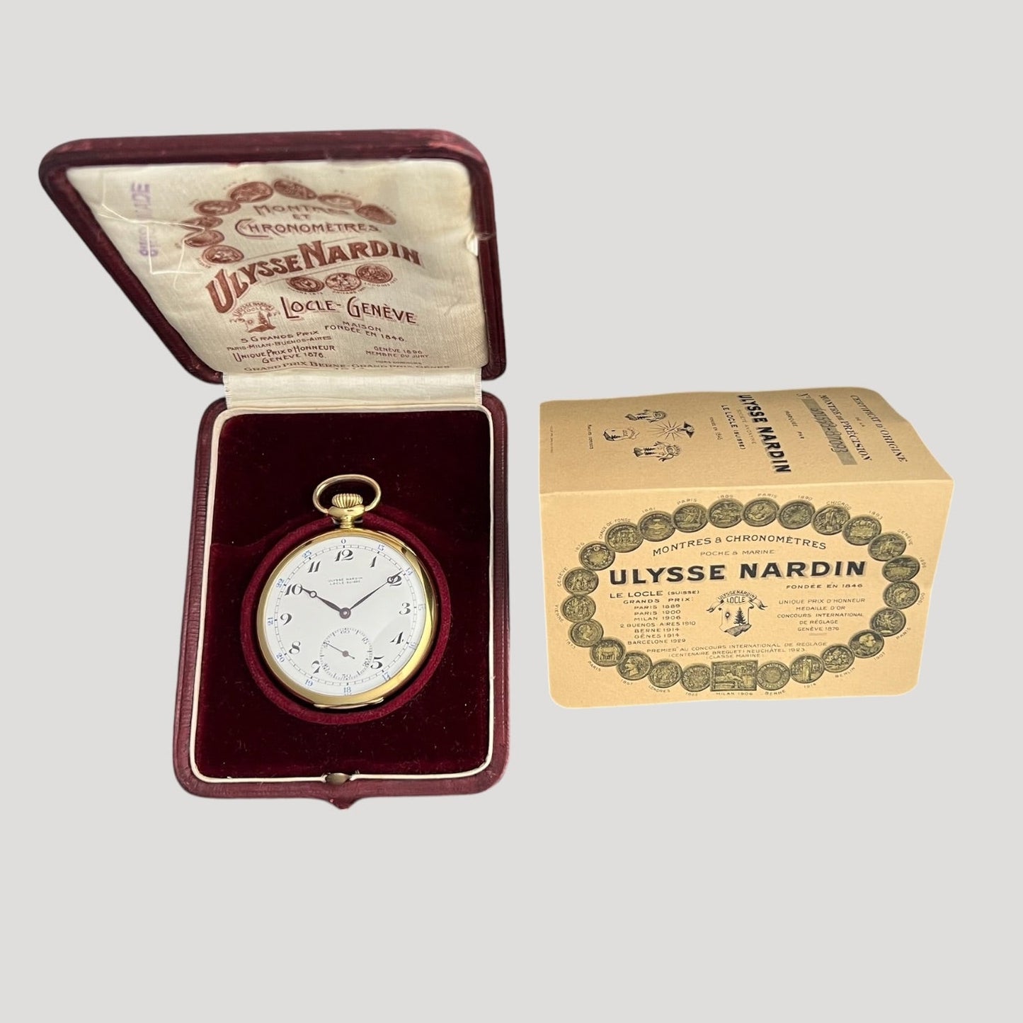 Ulysse Nardin 18k Gold Open Face Pocket Watch Full Set