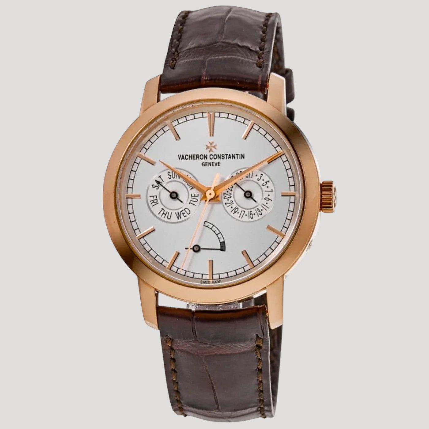 Vacheron Constantin Traditionnelle Day-Date 18k Rose Gold Brown Leather Strap 85290/000R-9969 New Full. Set