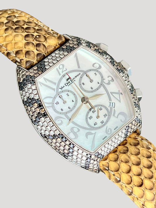 Van der Bauwede Magnum Commander Chronograph Silver Watch set with Cognac, White and Black Diamonds