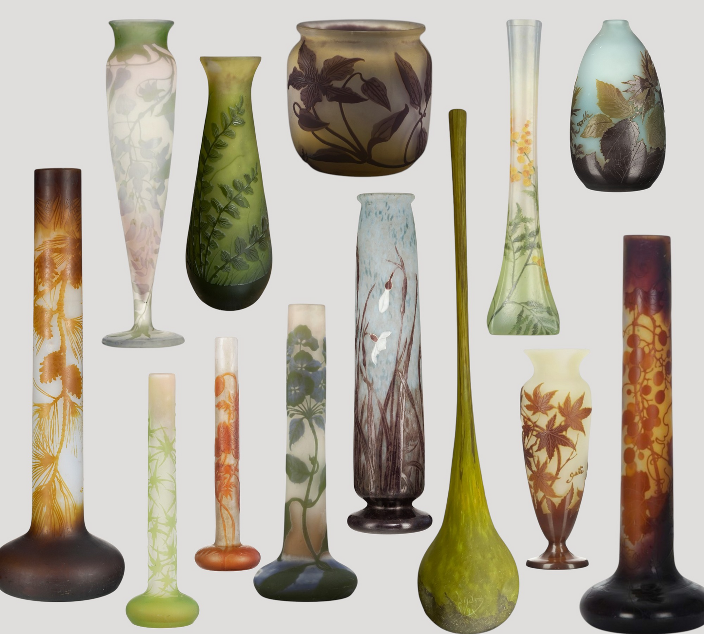 Important Collection of Gallé & Daum & Legras multi-layered glass signed Vases