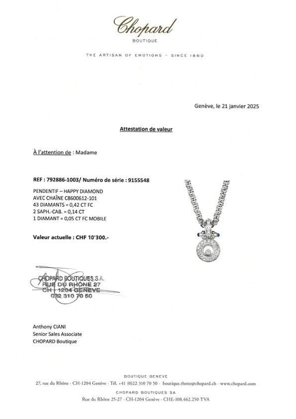 Chopard 18k White Gold Necklace with Happy Diamond Pendent & Attestation