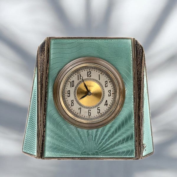 William Neale &amp; Son Art Déco George VI period sterling silver enameled table clock Rare, 1934