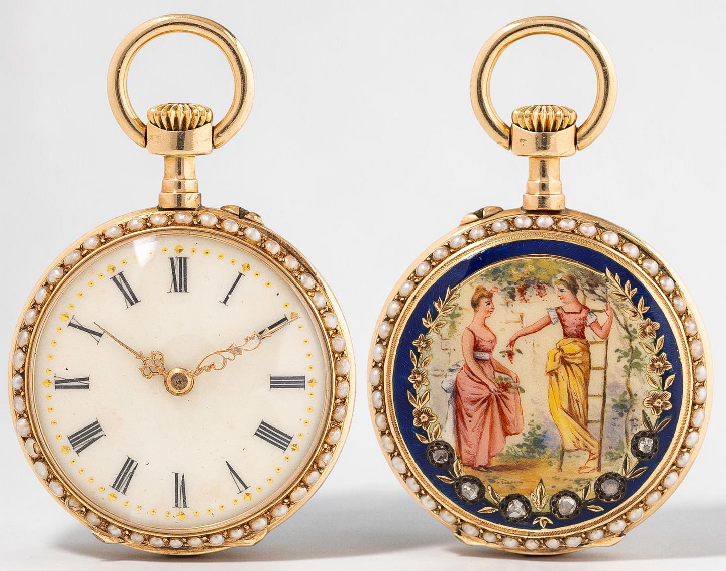 “Women in the Garden” Gold & Diamonds enameled open-face pocket watch 19c Rare Collector