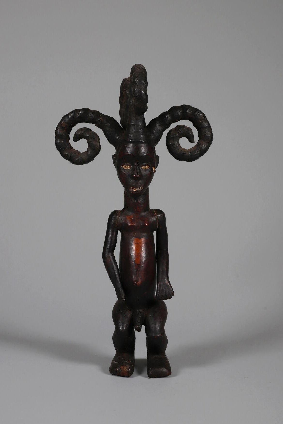 Wood Africain Ekoi Male figure with four spiral braids, mid 20th