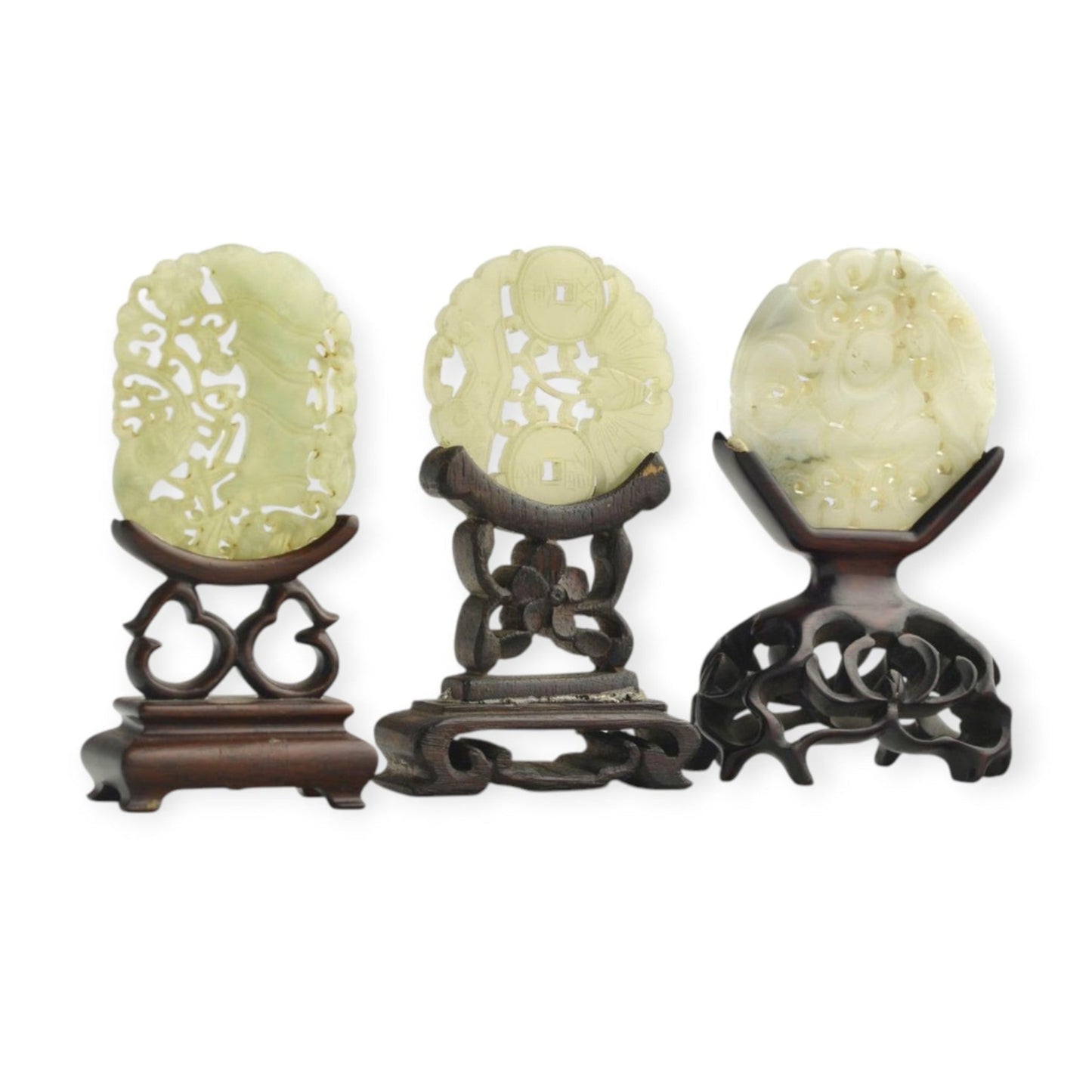 Set of three antique carved and openwork celadon jade sculpted plaques