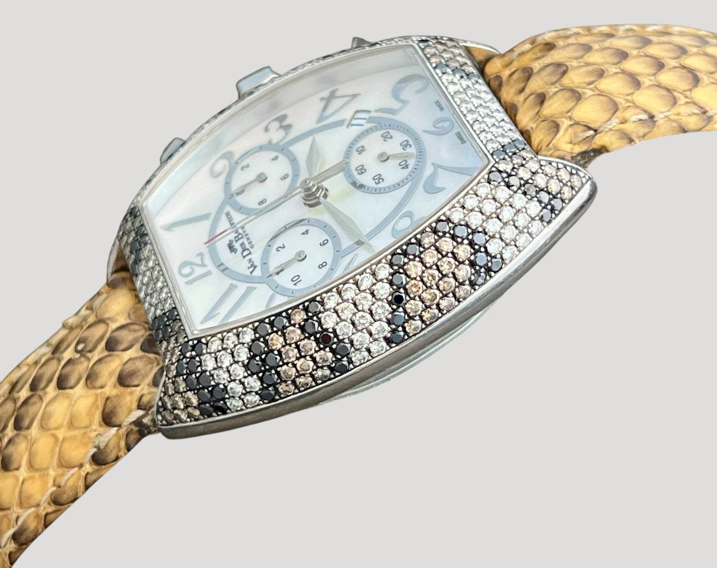 Van der Bauwede Magnum Commander Chronograph Silver Watch set with Cognac, White and Black Diamonds