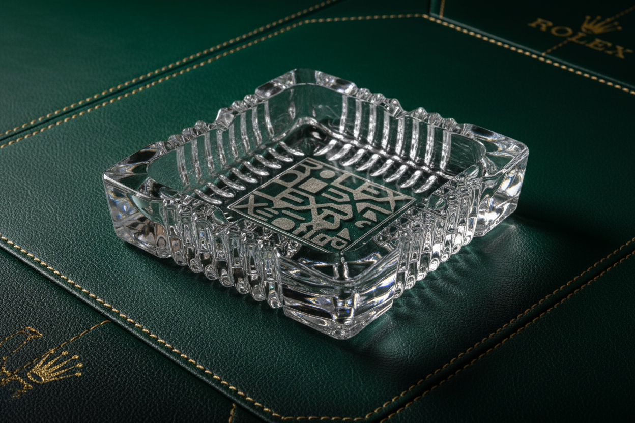 fine and rare Collector Rolex Crystal Glass Ashtray with engraved Jubilee motif.