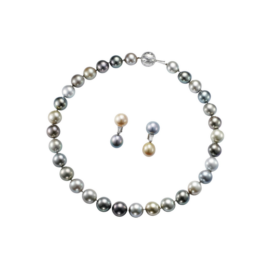 Set of Diamond & Grey cultivated Pearl Necklace & Fitted Pearl Earrings