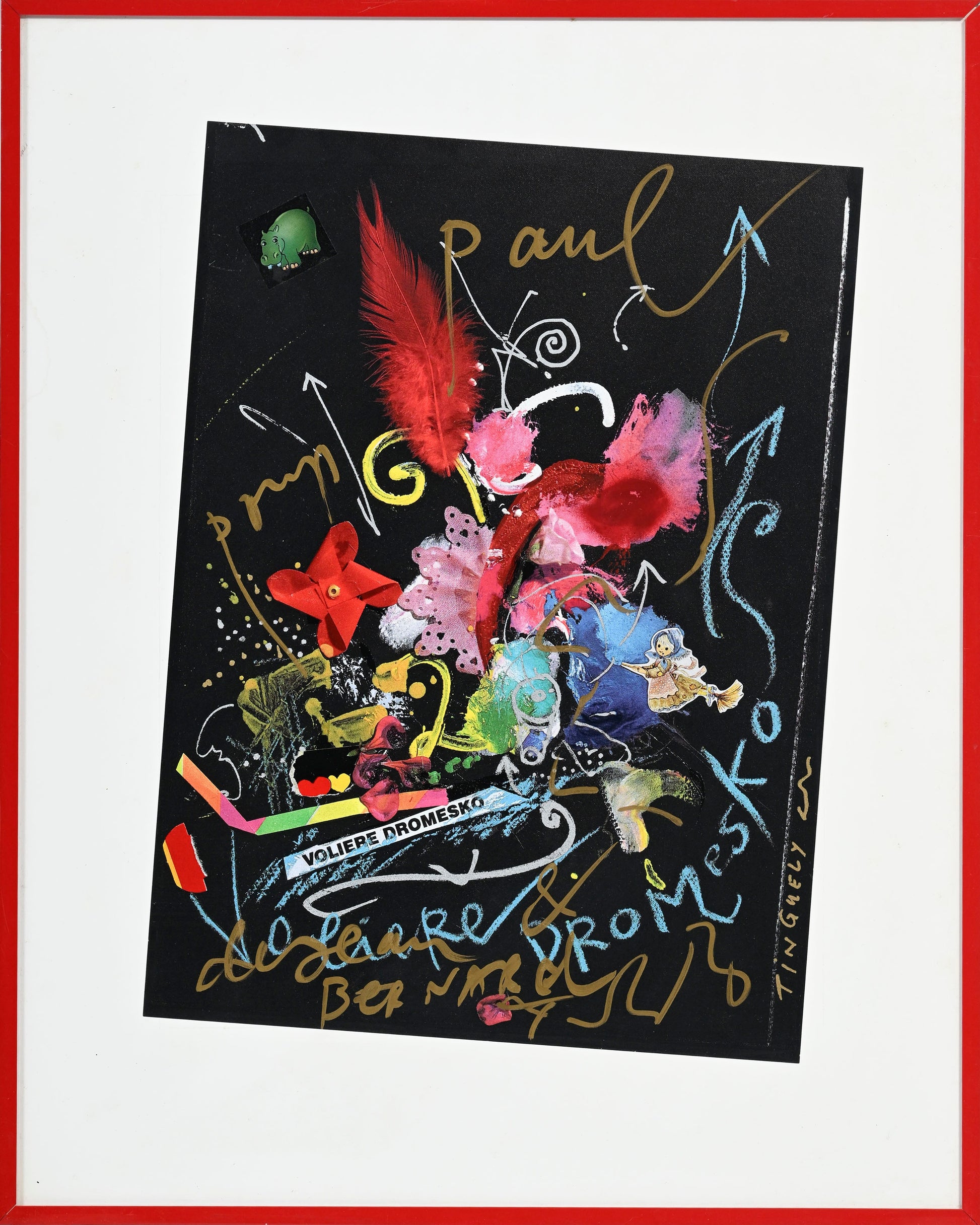 Jean Tinguely (1925–1991), after “Volière Dromesko,” color offset print, hand-inscribed, gold-lettered dedication