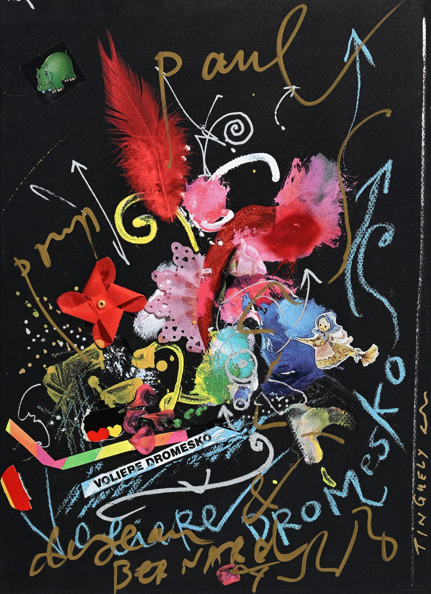 Jean Tinguely (1925–1991), after “Volière Dromesko,” color offset print, hand-inscribed, gold-lettered dedication