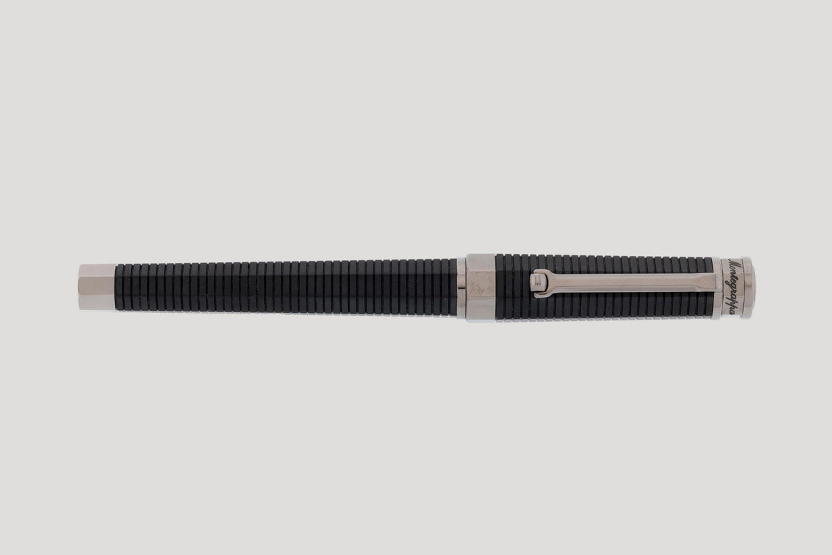 Montegrappa, octagonal fountain pen in silver-plated metal & black resin, with a 18k gold nib