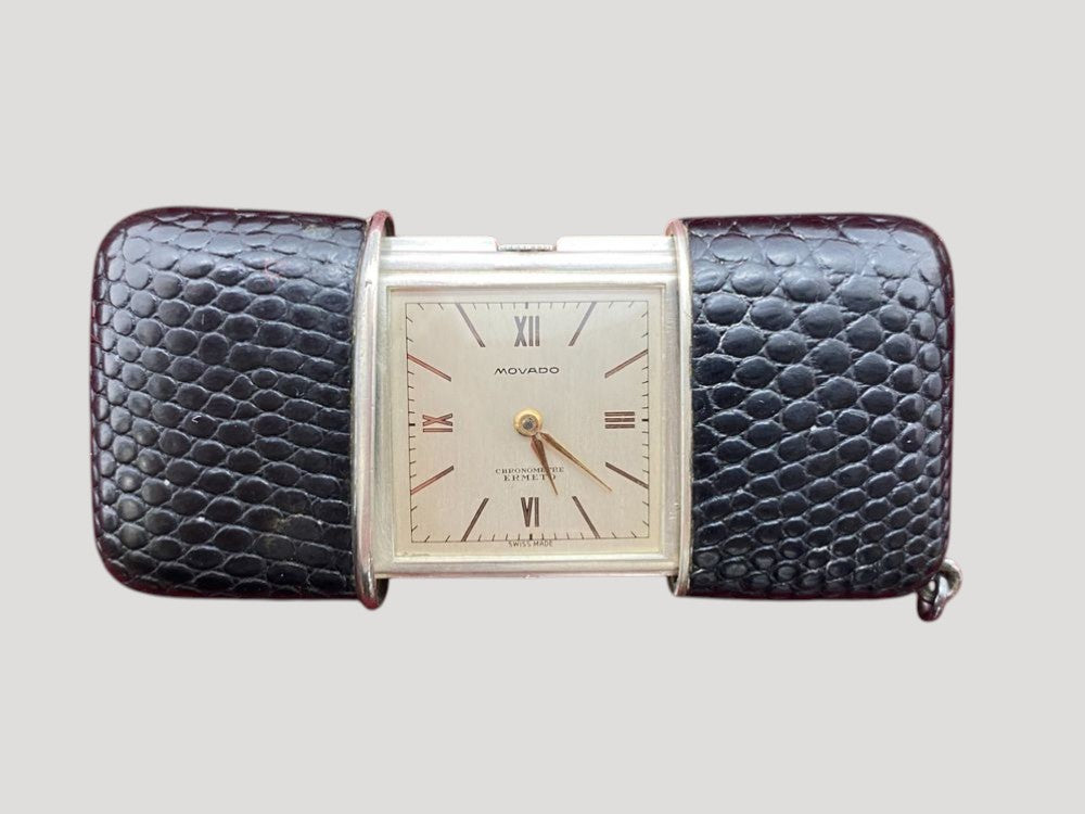 Movado Art Deco Swiss Silver  & Exotique Lizard  Leather Desk Clock early 20c