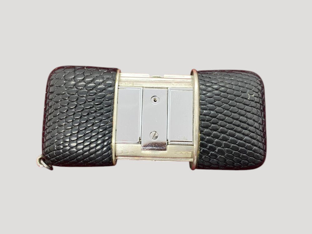 Movado Art Deco Swiss Silver  & Exotique Lizard  Leather Desk Clock early 20c