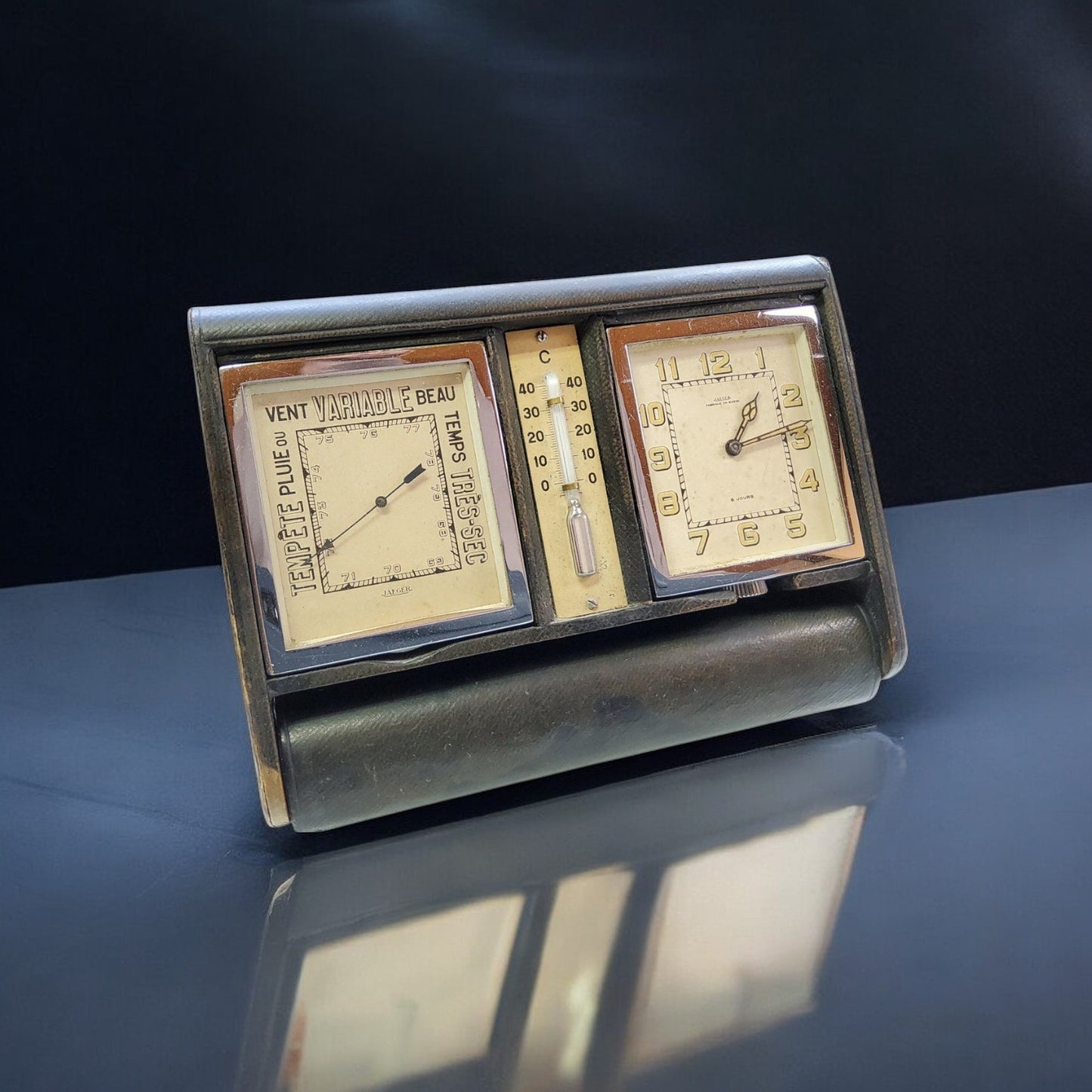 Jaeger-LeCoultre Ados Baromètre Pendulette / Desk Clock Art-Deco 8 jours Double 1930' Rare Collector'