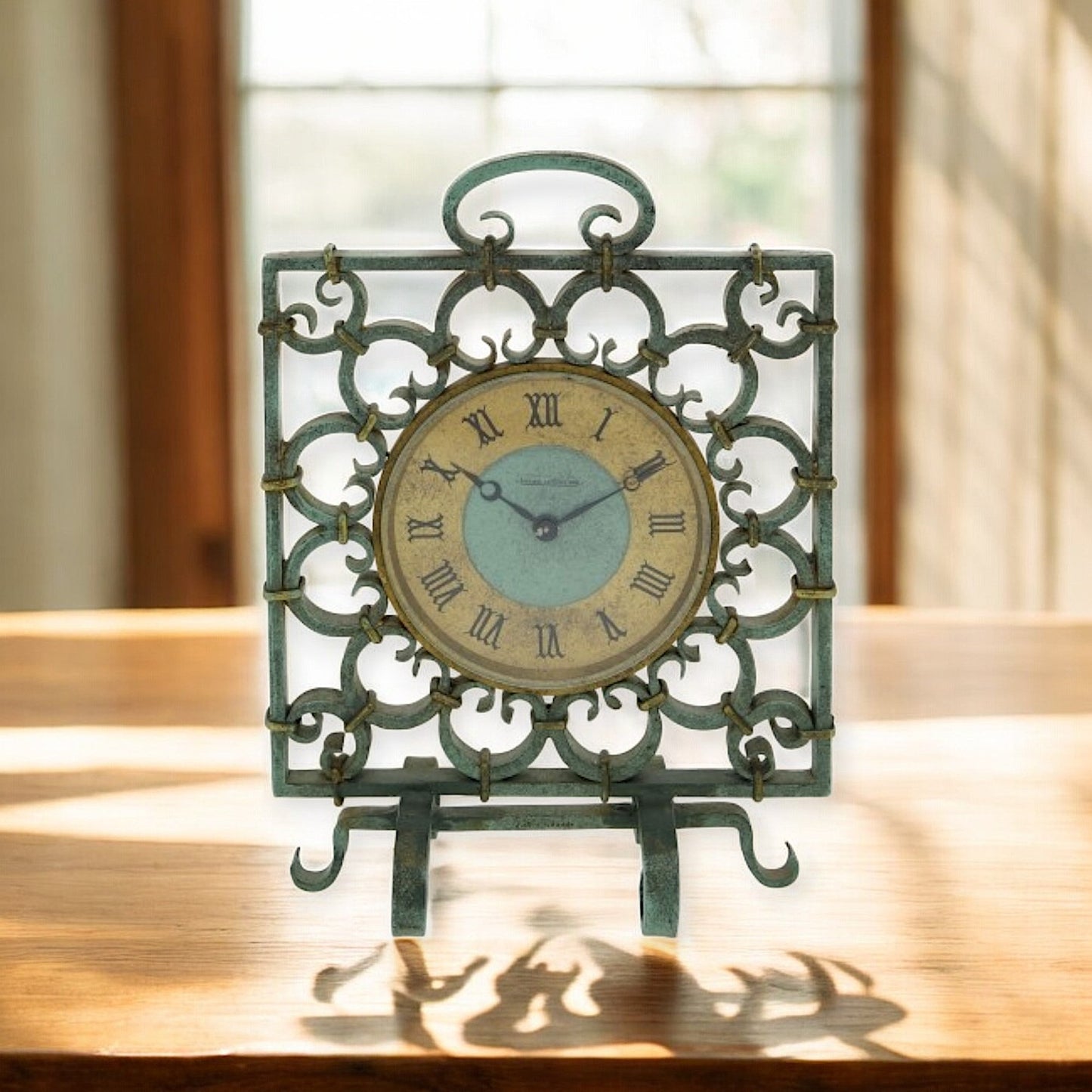 Jaeger-LeCoultre, rare wrought iron desk clock / pendulette, 1950s