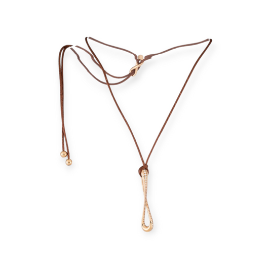 Infinity pendant in 18k rose gold set with brilliant-cut diamonds on brown satin lace