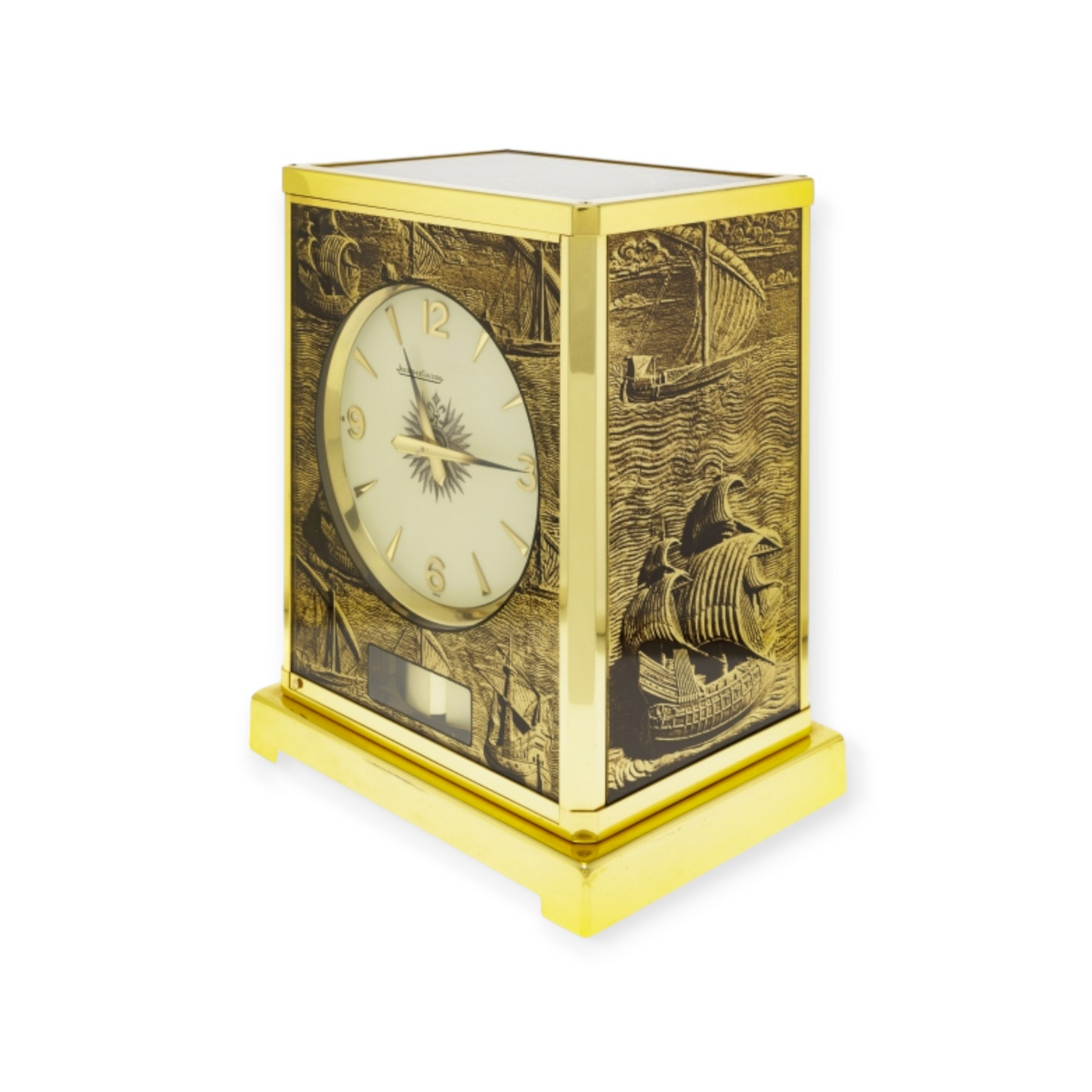 Jaeger-LeCoultre Atmos gilt metal cabinet clock with marine deco Rare model with ships