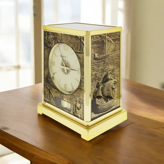 Jaeger-LeCoultre Atmos gilt metal cabinet clock with marine deco Rare model with ships