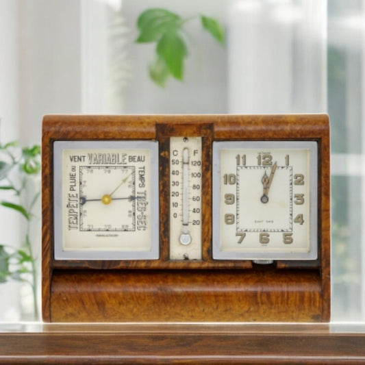 Jaeger-LeCoultre Ados Baromètre Pendulette / Desk Clock Art-Deco wooden 8 Days Double Dial 1930  Rare Collector'