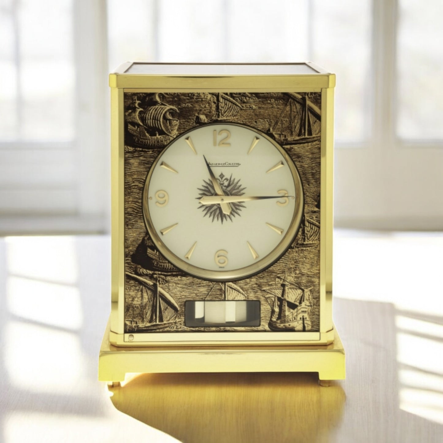 Jaeger-LeCoultre Atmos gilt metal cabinet clock with marine deco Rare model with ships