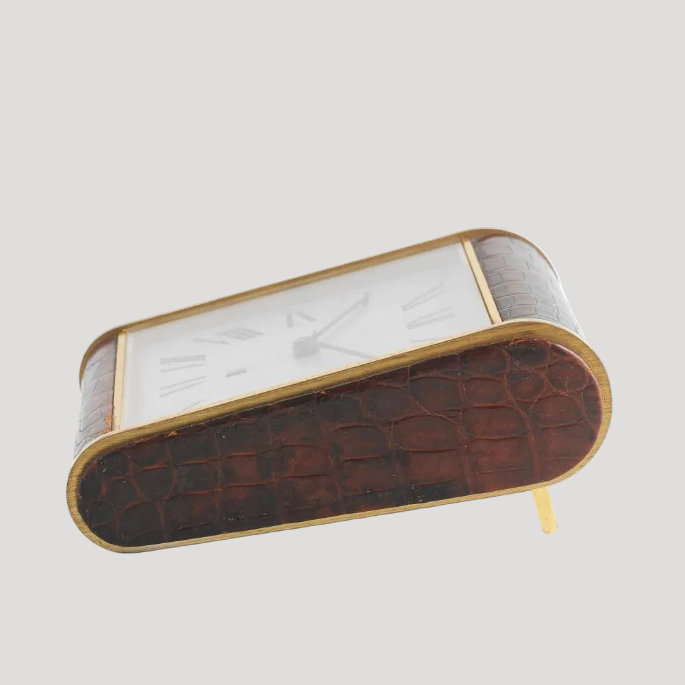 Cartier Alarm Table Desk Clock/ Pendulette '8 days' croco leather 1970' Rare