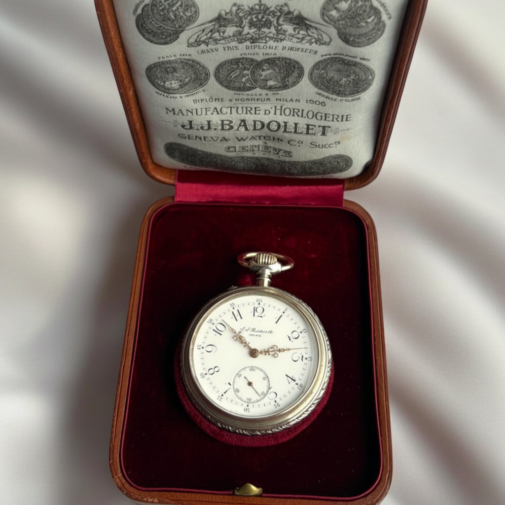 JJ Badollet & Co Genève 1887 Handcrafted Historical Vintage Rose Gold & Silver Pocket Watch /Taschenuhr Rare