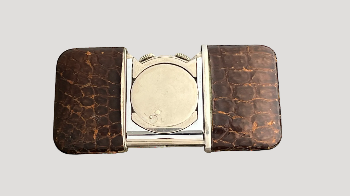 Movado Art Deco Swiss Silver  & Exotique Python Leather Desk Clock early 20c