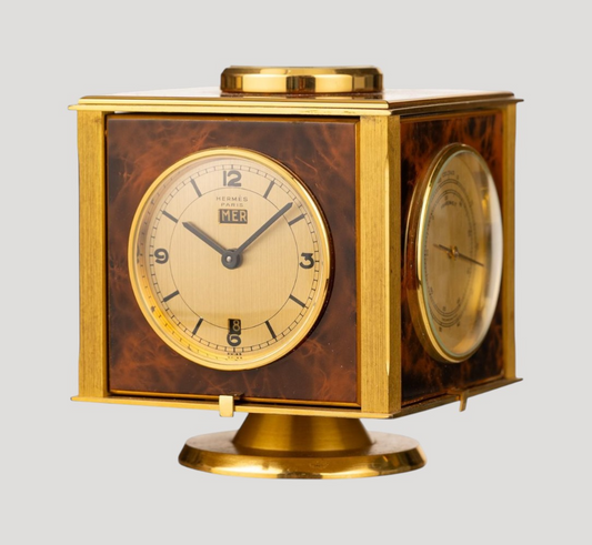 Hermes Barometer Desk Clock Horloge Tischuhr with Rotating square case 1980'