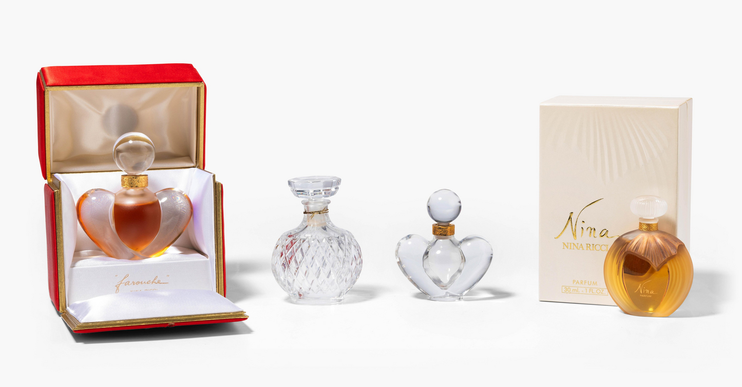 Lalique For Nina Ricci, 4 Bottles Collection Of “Nina,” “Farouche,” And “Capricci Collector Perfumes Artworks