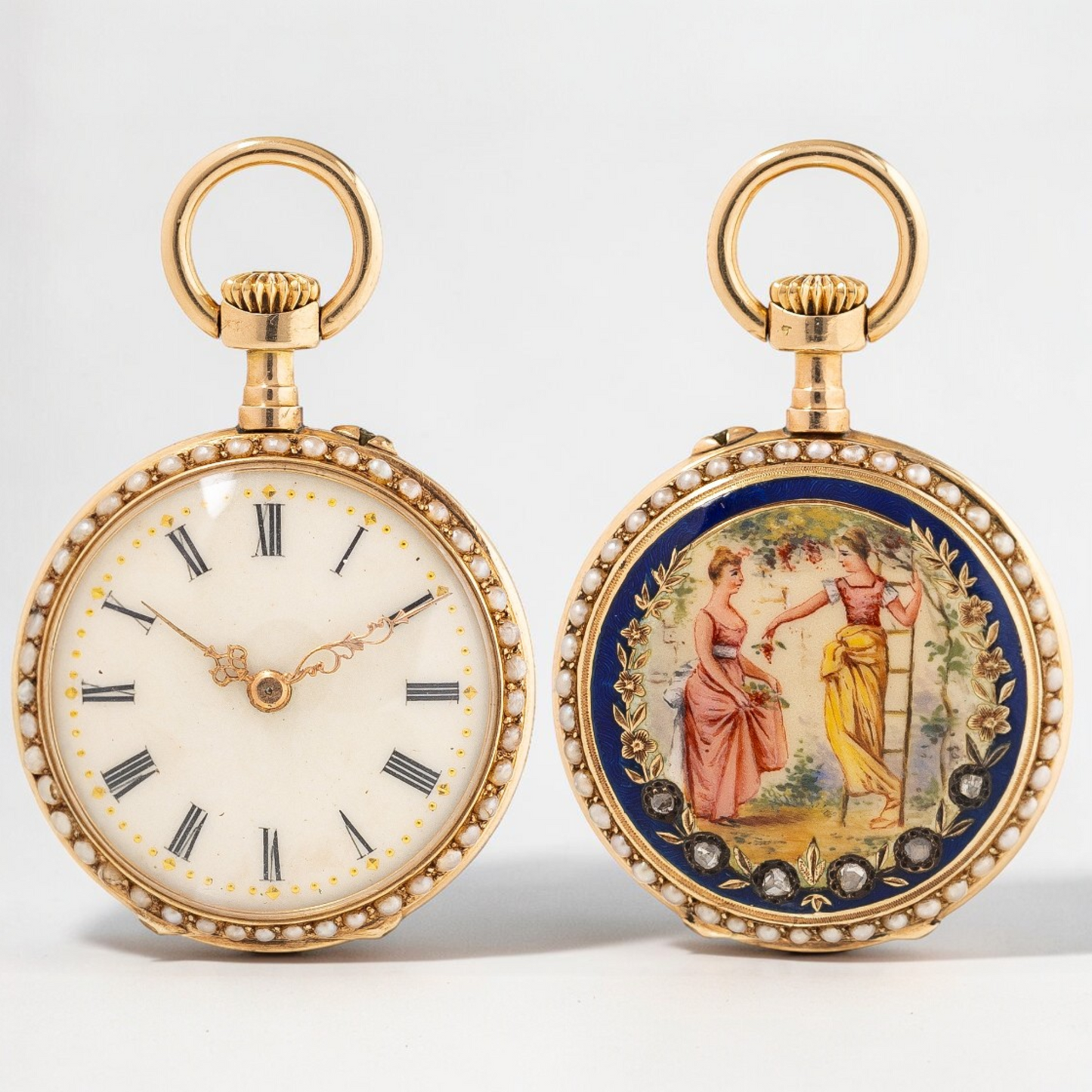 “Women in the Garden” Gold & Diamonds enameled open-face pocket watch 19c Rare Collector