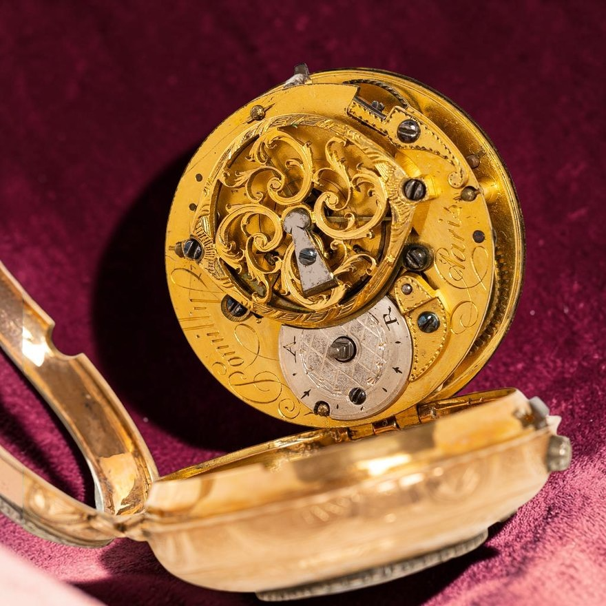 "Romilly / Paris" 18k Gold Handcrafted enameled pocket watch 1820' Rare Collector